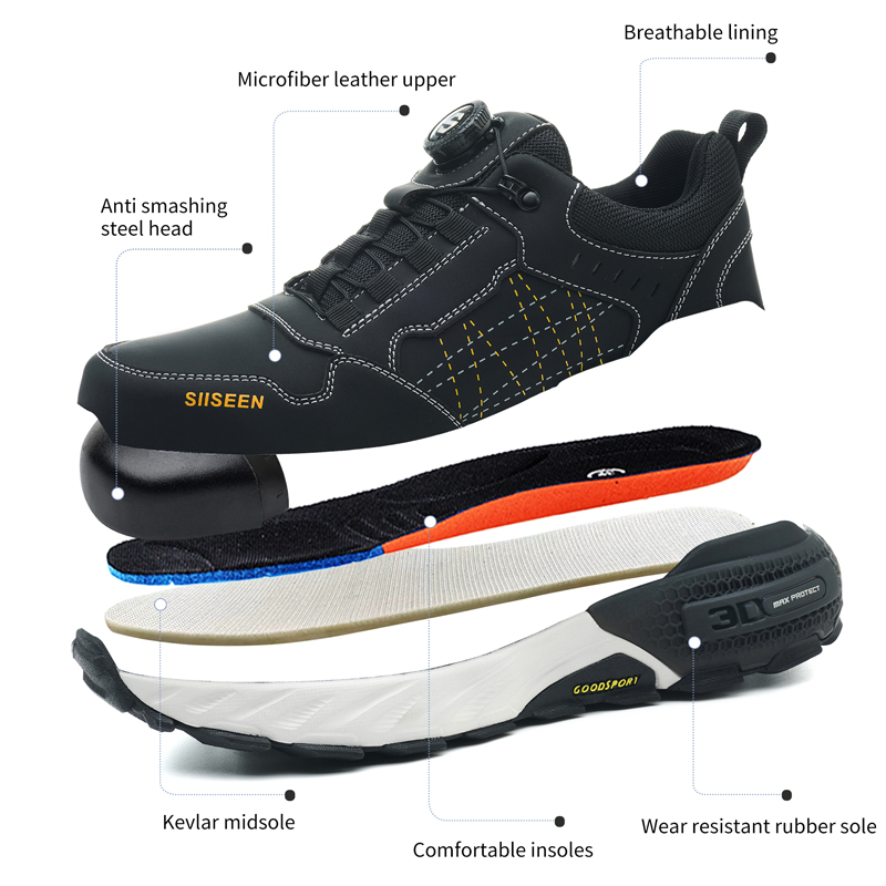Black Leather Safety Shoes Sec - đánh giá và giá Embroidery Garments