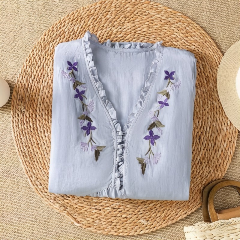 Elegant Purple Floral Embroide - đánh giá và giá Embroidery Cotton Shirt